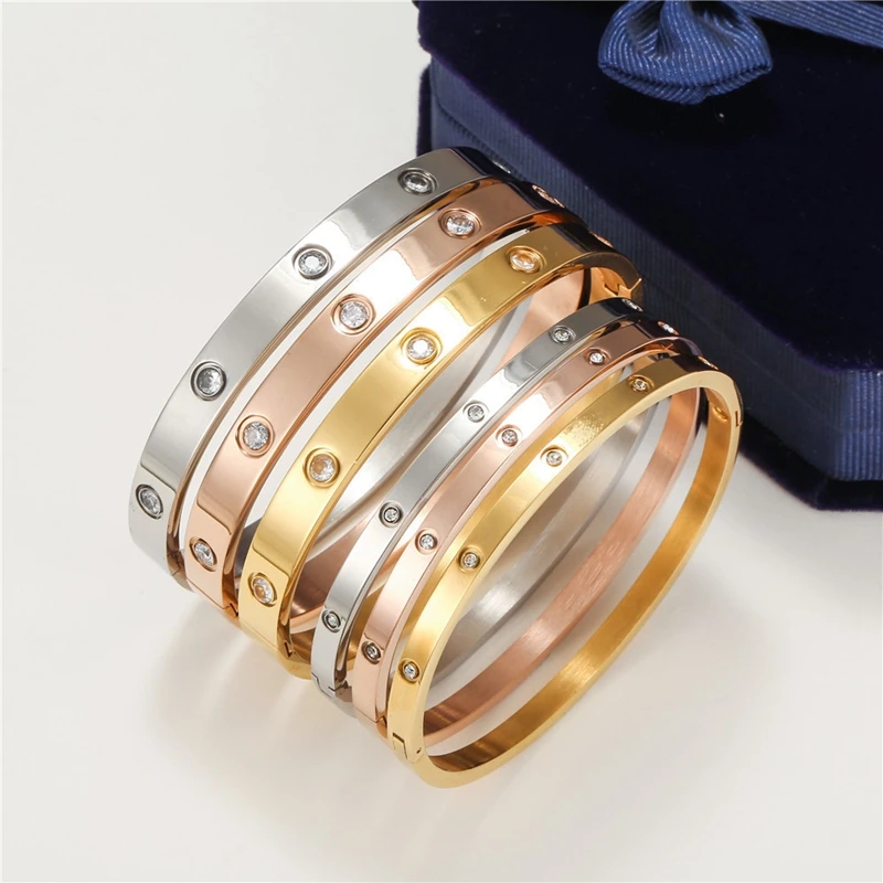

Luxury Brand Crystals Love Bangles Cubic Zirconia Bracelets Couple Jewelry Stainless Steel Bangles For Men Women Gift