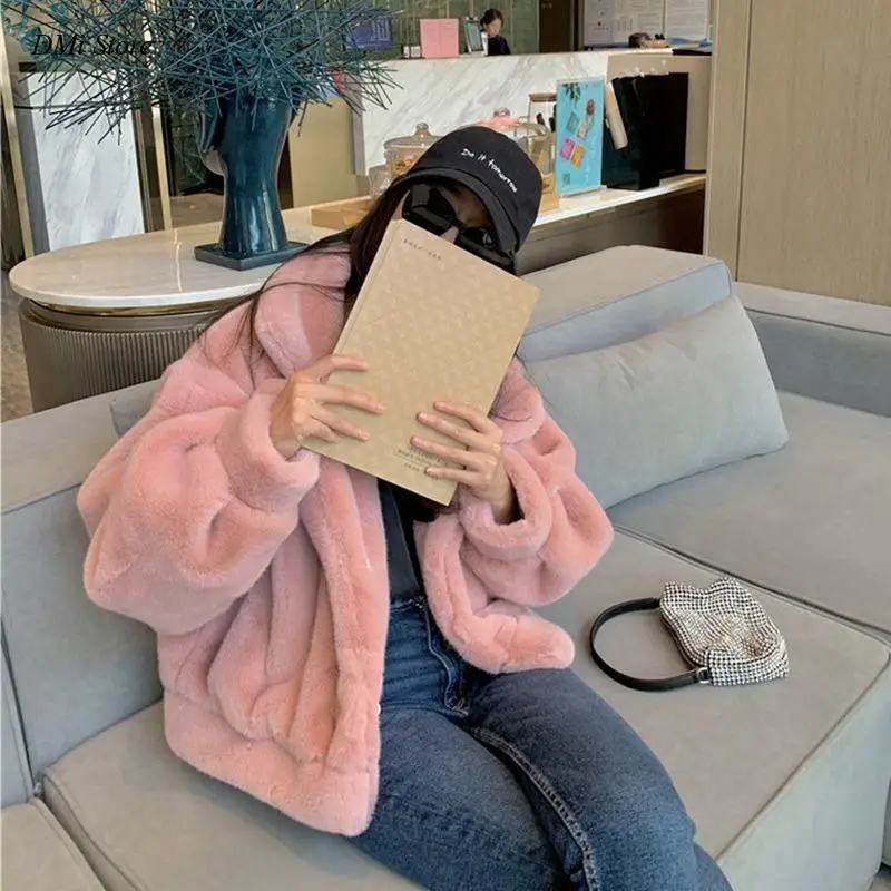 DIMI Ladies Faux Fur Coats Rabbit Fur White Pink Jacket for Women Women's Winter Fur Coat Loose Casual Thick Warm Short