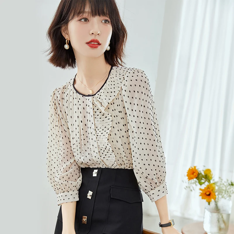 

Prints Women's Shirts Summer 2023 New Chiffon Blouses Slim Casual Long Sleeves Ruffles Tops O-necks Ladies Clothing YCMYUNYAN