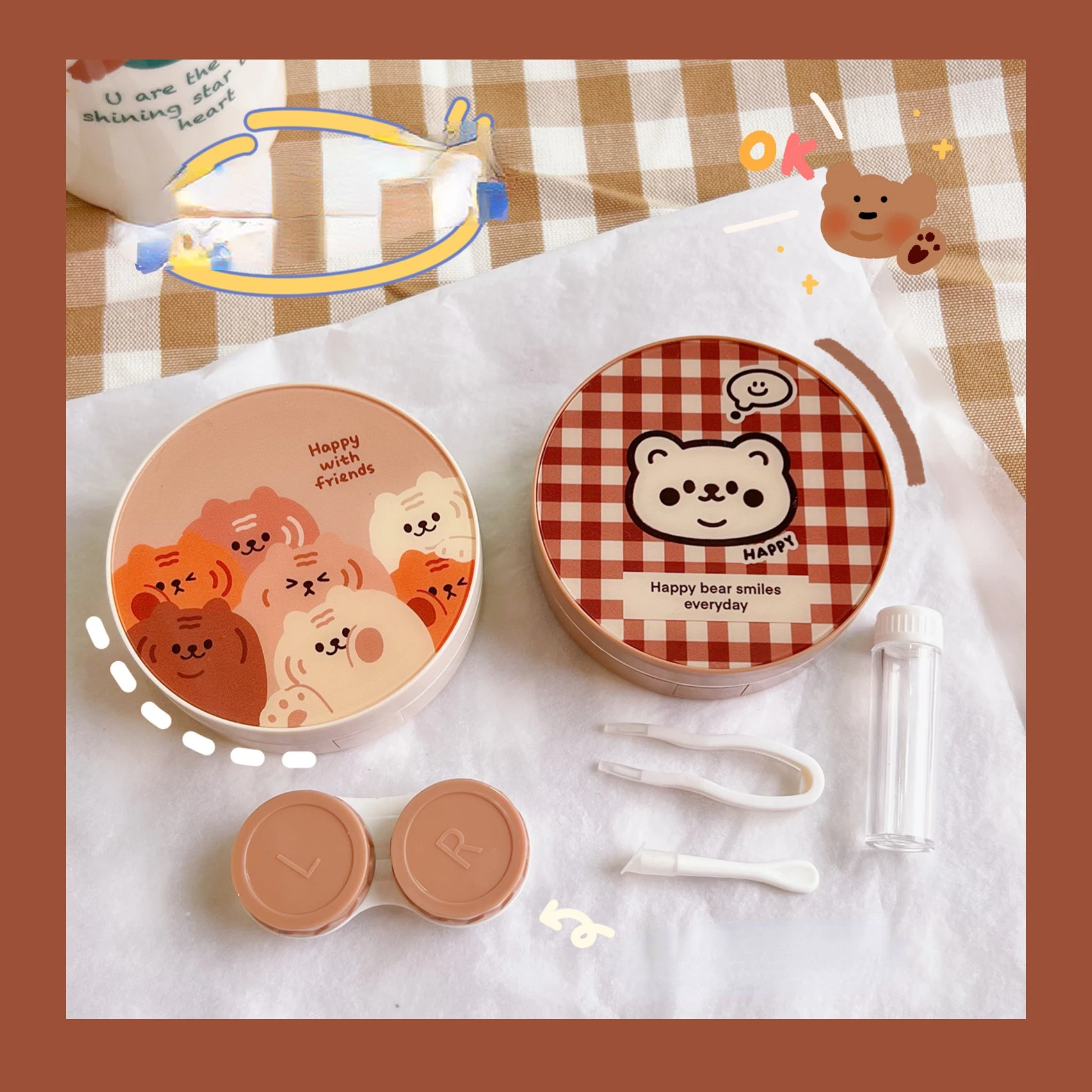 

Contact Lens Case Portable High End Cute Simple Female Student Companion Box Beauty Pupil Box Niche Cream Colored Bear Cute