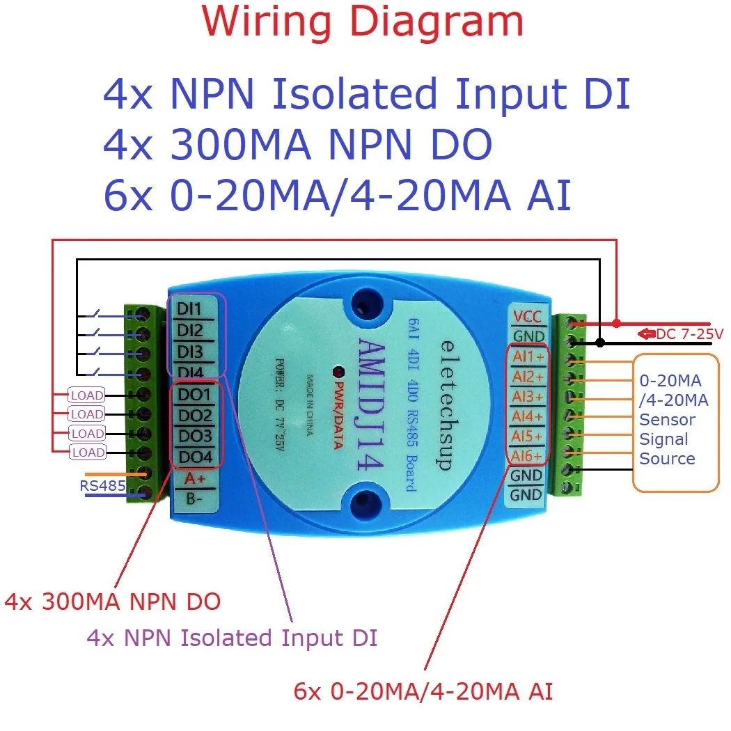 6AI-4DI-4DO 6CH 4-20mA Аналоговый коллектор тока и 4CH NPN цифровой вход и выход MODBUS RTU DI-DO Board