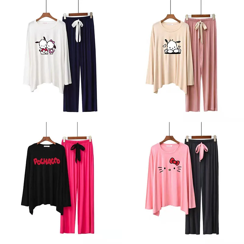 

Anime Cartoon Print My Melody Pochacco Hellokittys Round Neck Pajamas Long Sleeve Loose Home Clothes Set Comfortable Women