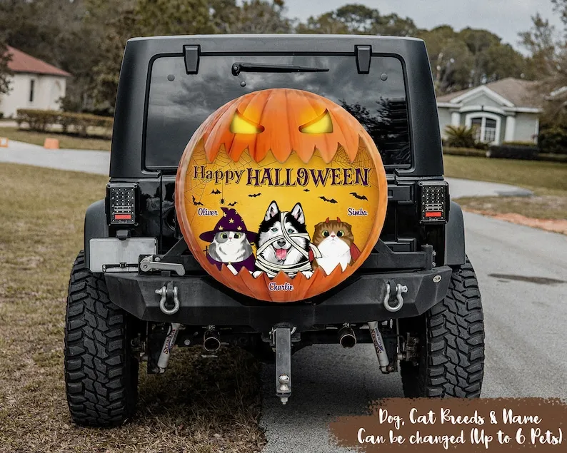 

Personalized Halloween Decoration For Car, Witch Pumpkin Spare Tire Cover, Cat RV Tire Cover, Car Accessories For Women, Car Lov