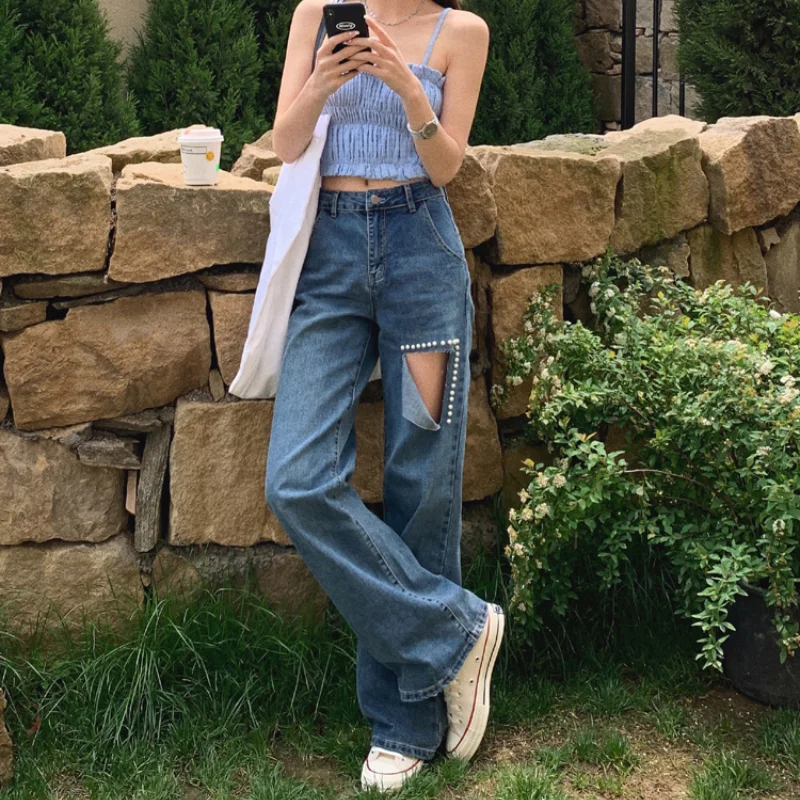 

Women's Street Style Casual Wide-leg Denim Pants 2023 Fashion Beading Ripped Hole Jeans New High Waist Straight Denim Trousers