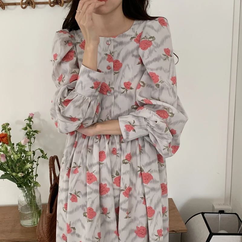 

SuperAen 2022 Summer O Neck Puff Sleeve Floral Print Lace Mid-Calf A-LINE Casual Dresses for Women