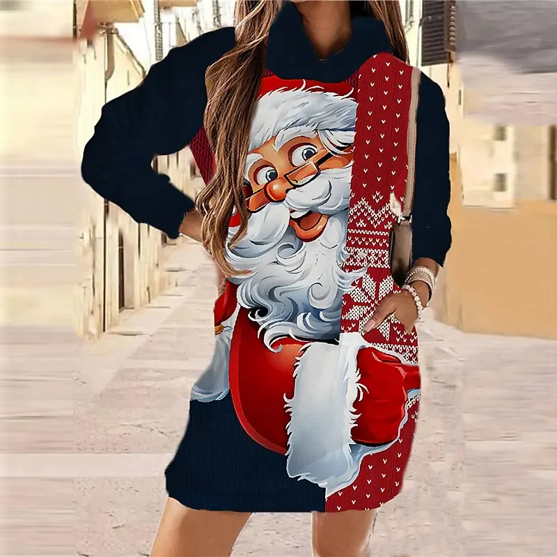 

Christmas Womens Sweatshirt Dress Funny Santa Claus Print Long Sleeve Pullover Medium Length Hoodie Winters Female Hooded Dress