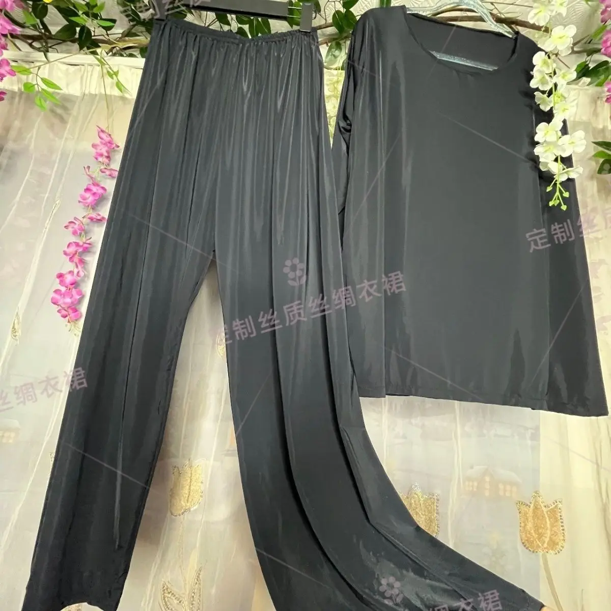 Блестящая атласная пижама комплект из двух предметов женский Шелковый Свободный