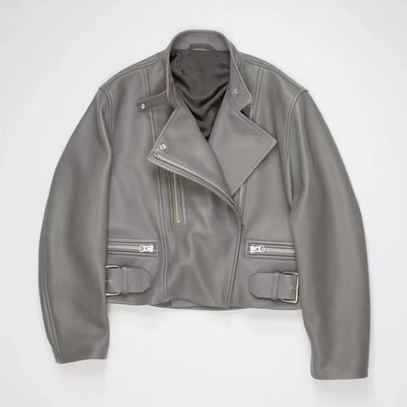 

Женская куртка из натуральной кожи, короткая куртка с круглым вырезом, верхняя одежда, весна 2023