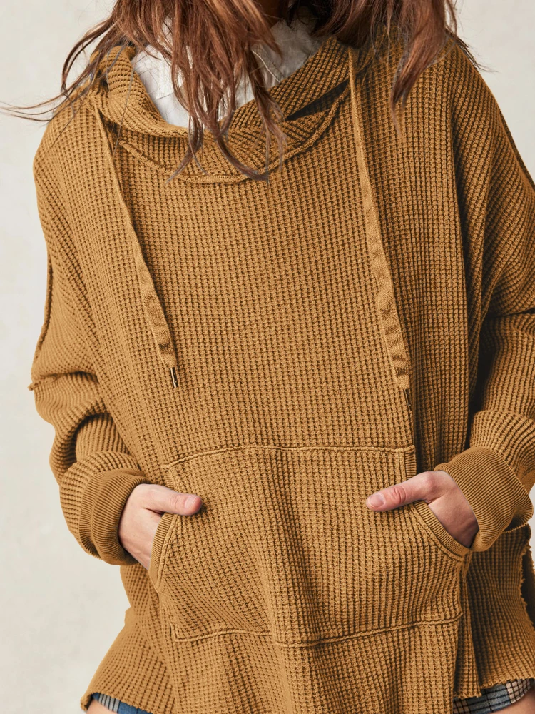 

Осень 2023, женские свободные свитера, модные Брендовые однотонные толстовки в европейском и американском стиле, куртка с длинным рукавом и вафельным принтом
