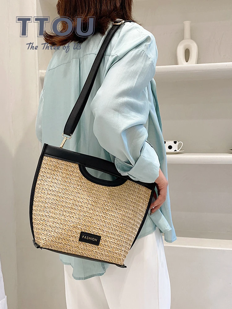 

Дизайнерская брендовая Лоскутная Соломенная Сумка-тоут из искусственной кожи, модные женские сумки через плечо, летняя пляжная сумка, Роск...