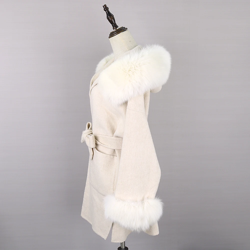 2022 New Oversize Loose Cashmere Wool Blends Real Fur Coat Winter Jacket Women Natural Fox Fur Collar Hood Outerwear Belt
