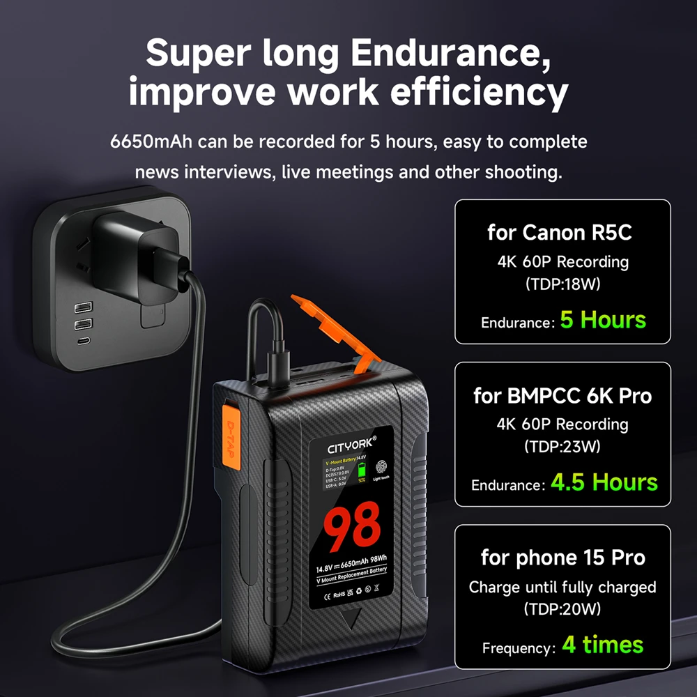 Аккумулятор с V-образным креплением 98 Вт PD 65 V-Lock USB-C для камеры Canon R5C BMPCC 6K Pro 4K 60P