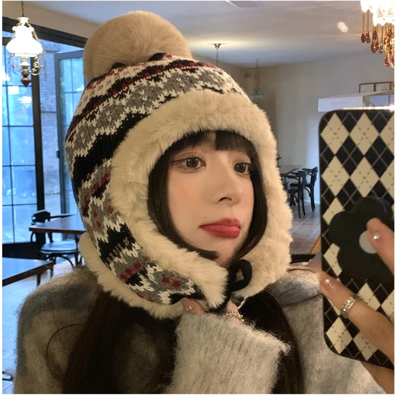 

Autumn and Winter Women's Thunderbolt Hat Casual Style Thickening Warm Riding Lacing Ear Protection Woolen Cap Russian Hat