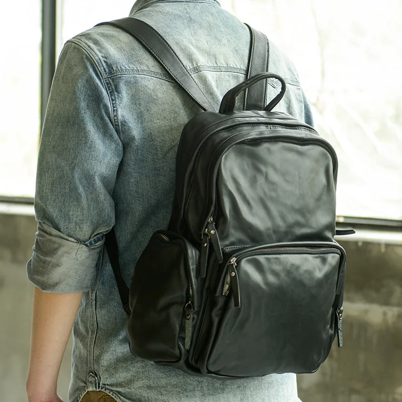 

AETOO Men's leather backpack cowhide large capacity fashion trend travel backpack youth college student computer schoolbag