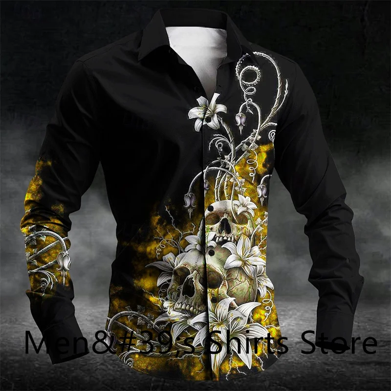 Рубашка мужская с длинным рукавом блуза цветочным принтом черепа на пуговицах