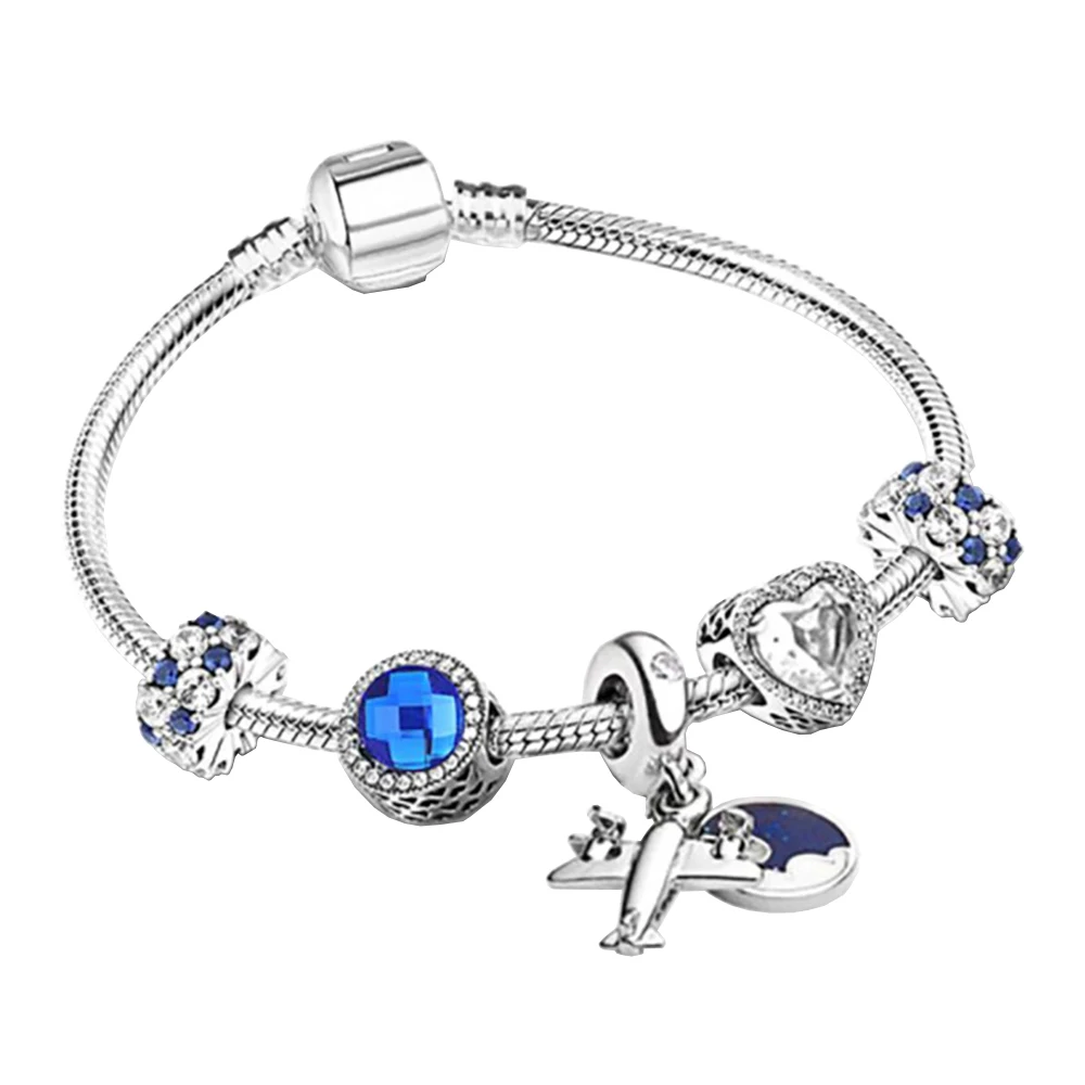 

Airplane Blue Round Shape Snake Bone Charm Bracelet 925 Silver Fit for Girls Birthday Party Fashion Jewelry Gift