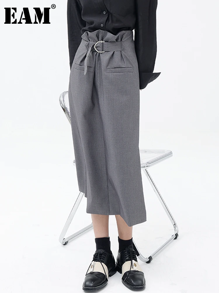 

[EAM] High Elastic Waist Gray Buckle Pleated Long Elegant Half-body Skirt Women Fashion Tide New Spring Autumn 2022 1DE8434
