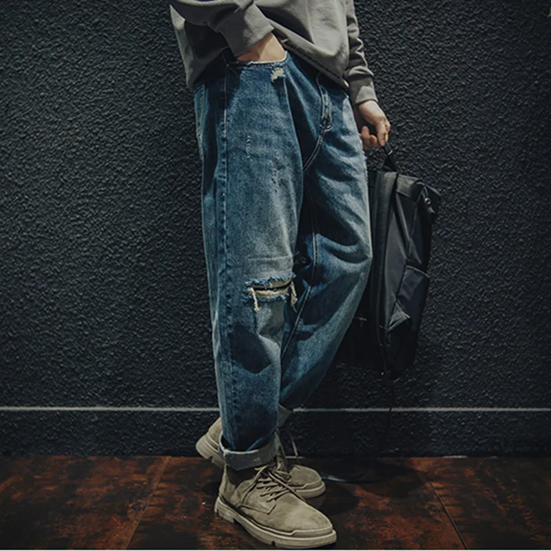 Men Clothing Autumn and Winter New Straight Loose Cylinder Jeans Vintage Chaopai Comfortable Blue Ripped Harun Trousers Female