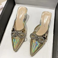 womens high heels 2022 new rhinestone bow knot womens 6cm high heels thick high heel pointed toe sandals