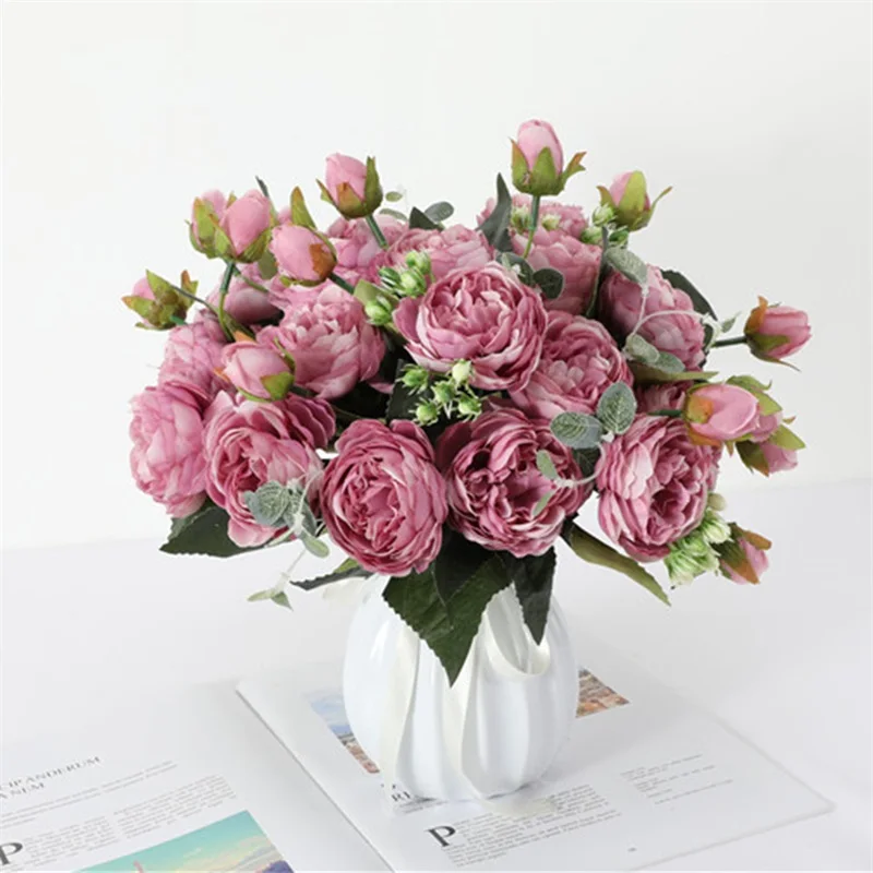 

Artificial Roses Flowers 5 Big Head & 4 Bud Core Silk Peony Simulation Fower Artificial Flowers Bouquet For Home Indoor Wedding