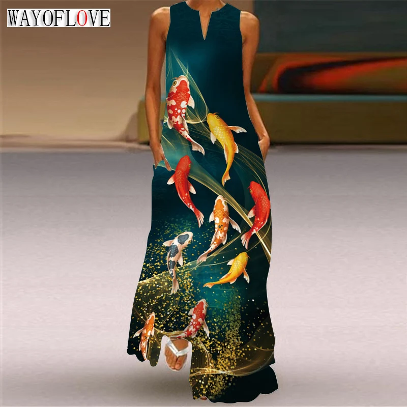 

WAYOFLOVE Ladies Spring Summer Long Dress Women Sleeveless V-neck Casual Elegant Dresses Party Koi Fish Print Vintage Maxi Dress