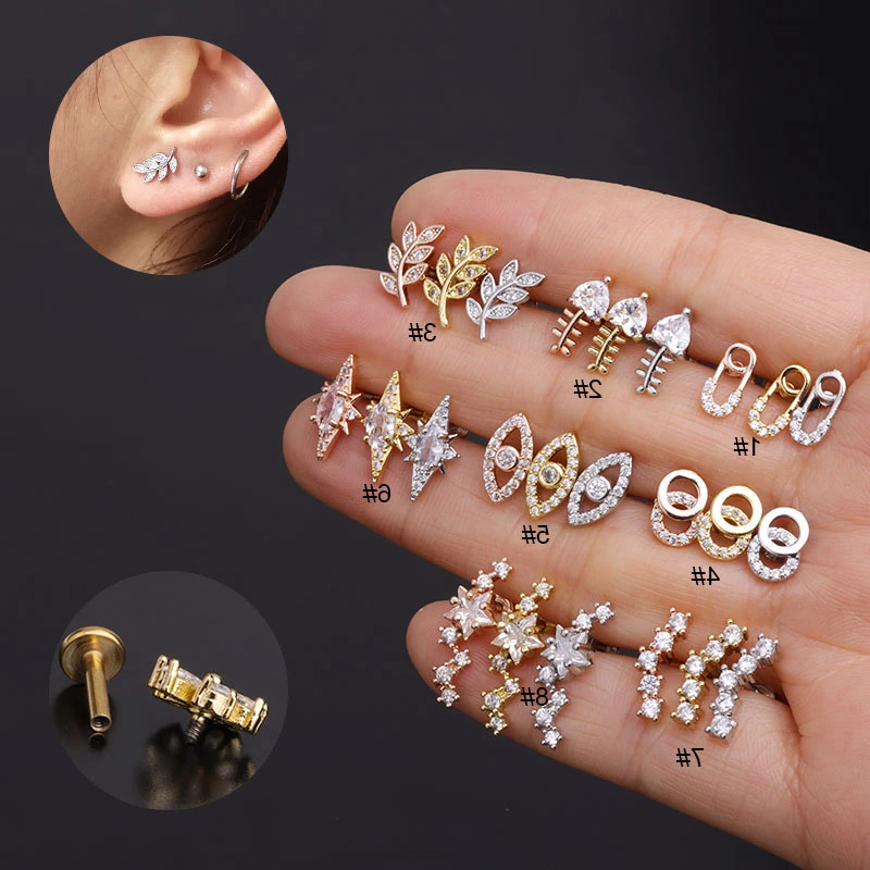 

1Piece Diameter 1.2mm Internal Rod Piercing Stud Earrings for Women Gift Trend Fashion Jewelry Fish Eye Leaf Zircon Earrings