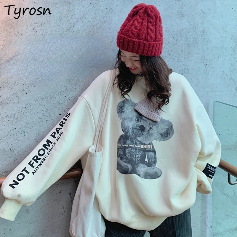 

Oversize Hoodies Women Design Three-dimensional Decoration Bear-printed Streetwear O-neck Warm Thicker Sweatshirts Mujer Fashion
