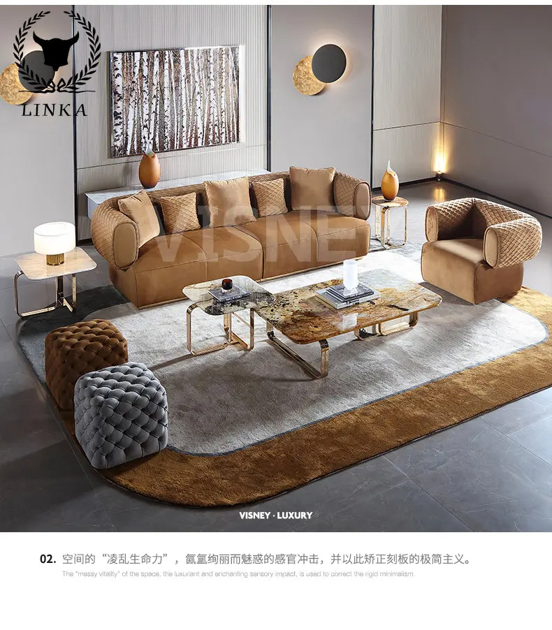 

Light luxury frosted leather sofa living room solid wood sofa tea table combination modern luxury large family S6