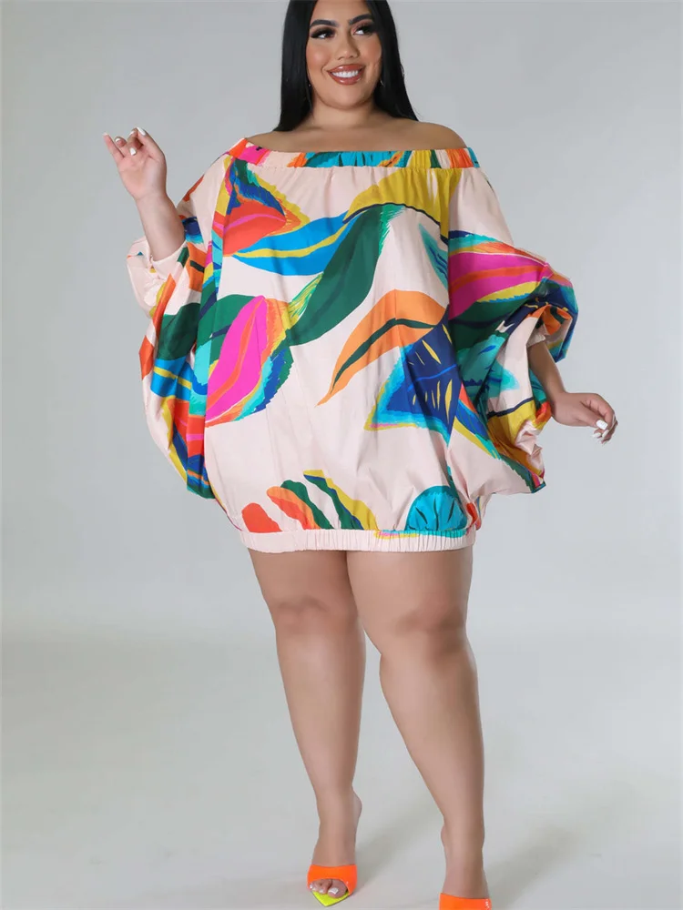 Plus Size Women Clothing Off Shoulder Dress Summer Print Loose Stretch Elegant Mini Dresses Women Whol 3xl 4xl 5xl 6xl