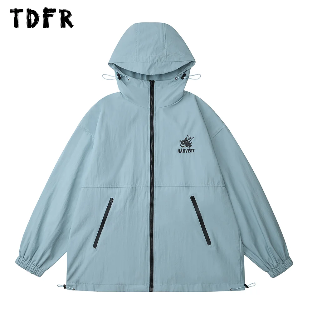 

Letter Embroidery Hooded Windbreaker Mens Autumn Winter Safari Style Loose Drawstring Hem Zipper Jacket Men