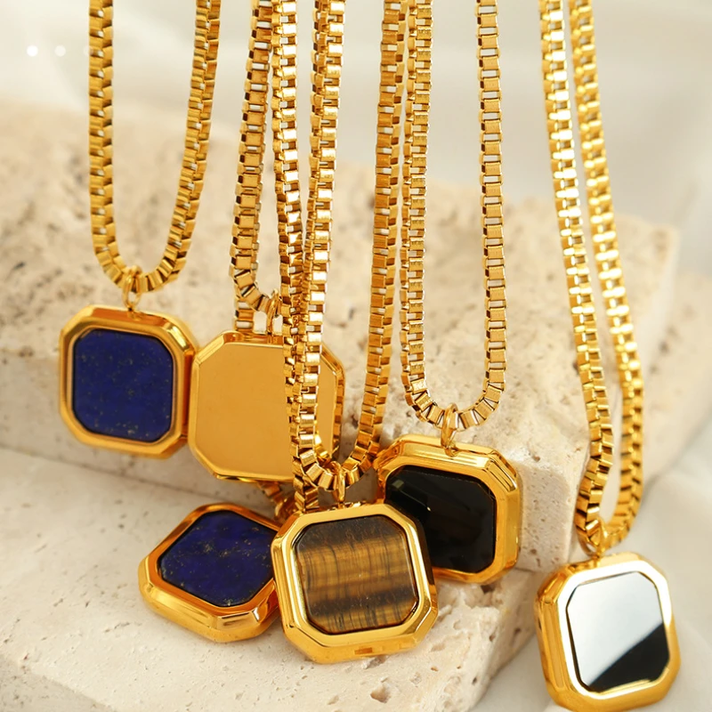 Ожерелье с квадратным кулоном из нержавеющей стали натуральным камнем