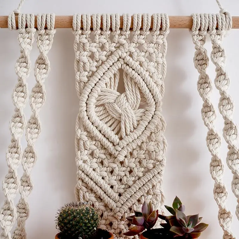 Макраме настенная полочка с двумя ярусами, большая белая ручной работы с подвесками из бахромы для держателя растений.