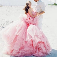 pink tulle ball gown evening dress off shoulder lush ruffle prom dress elegant wedding dress for women fluffly bridal dress