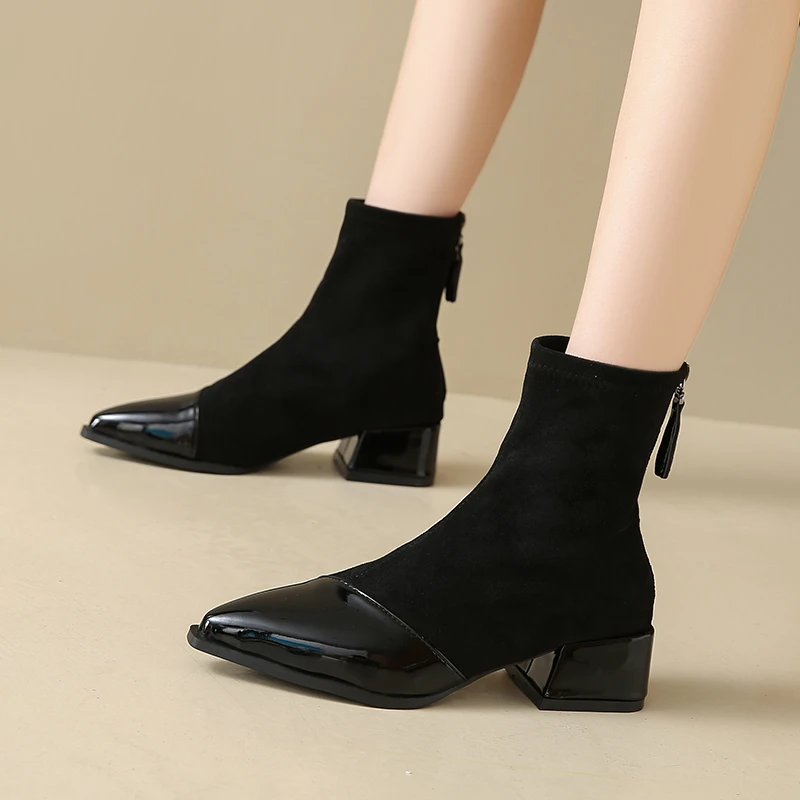 Ботильоны женские замшевые туфли на массивном среднем каблуке с острым носком