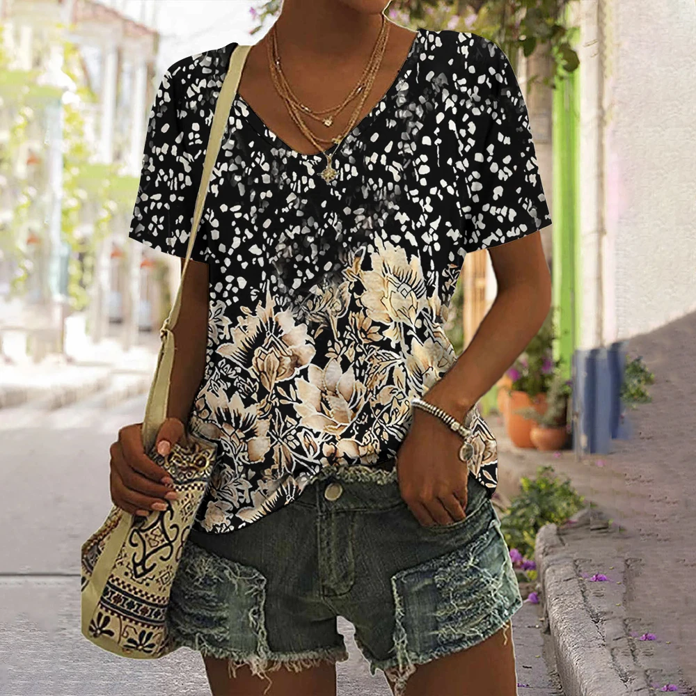 

Fashion Print Women's T-Shirt V Neck Tee Oversized Casual Harajuku Colorful Casual Summer Short Sleeve Top Women Female Clothing