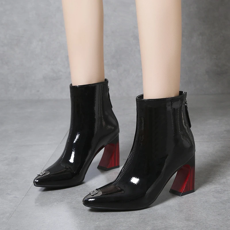 

2023 Autumn Winter Woman High Heels Boots Fashion Pointed Plush Warm Patent Leather Modern Elegant Boots Shoes Free Shipping
