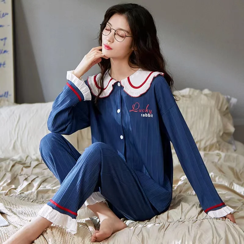 Pyjamas Women Spring 100% Cotton Sleepwear 2022 New Turn-Down Collar Home Clothes 2 Pieces /Sets Long Sleeve Trousers Homew