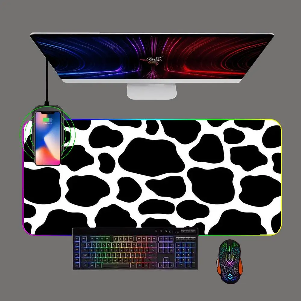 

Black and White Dot Milk XXL Gaming Mouse Pad RGB Phone Wireless Charging with Backlight Pc Keyboard Mat Gamer Computer Mousepad