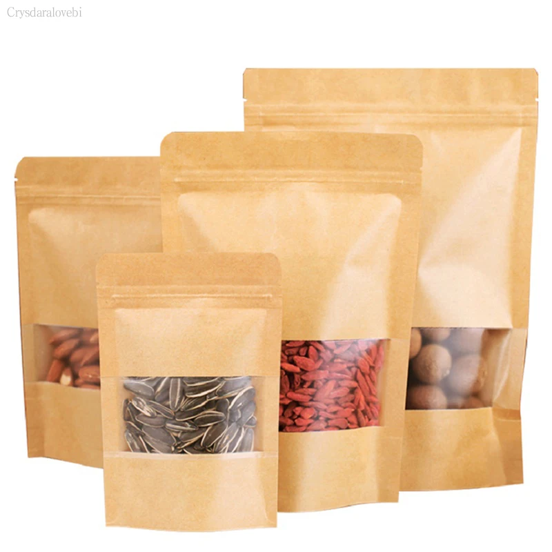 

Kraft Paper Bags Zip Lock Brown With Window Stand Up Resealable Grip Ziplock Pouches Tea Coffee Bean Candy Packaging Food