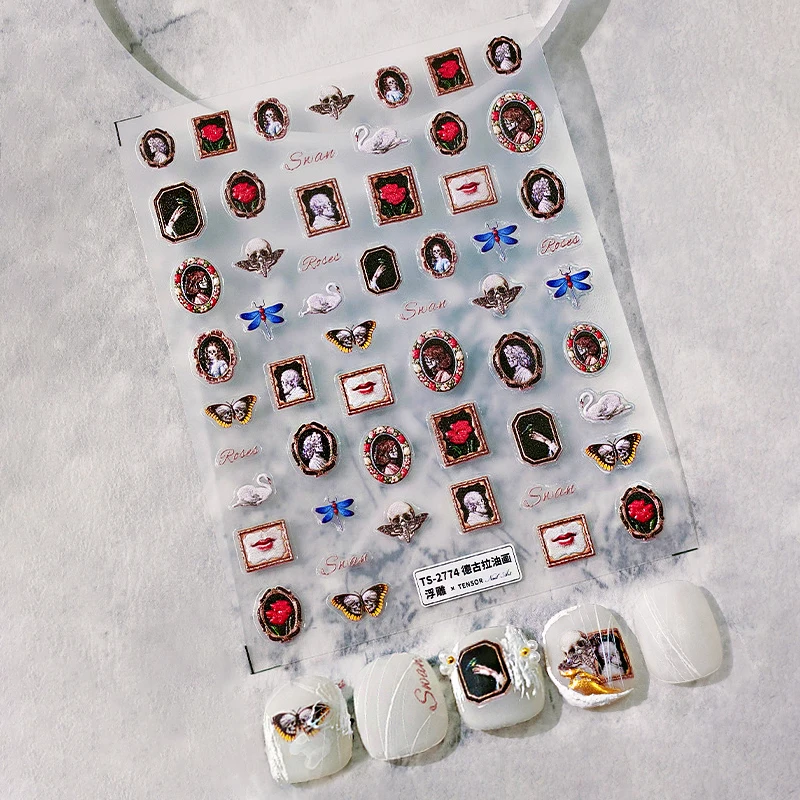 

Oil Painting Design 5D Soft Embossed Reliefs Skull Self Adhesive Nail Art Stickers Butterfly Rose 3D Manicure Phone Decals Woman