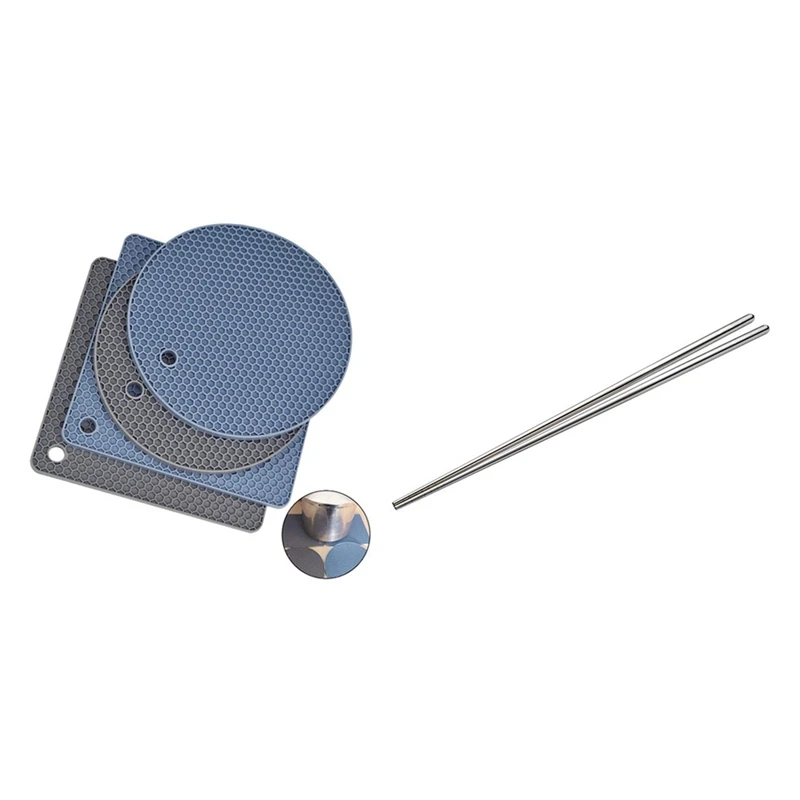 

HOT-4 Pcs Silicone Pot Holders, Heat-Resistant Mats & 3 Pairs Cooking Chopsticks Extra Long Stainless Steel Chopsticks