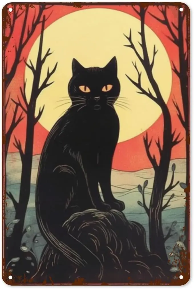 Vntge Hlloween Tn Sgn 8x12 nch Rectngulr Metl Wll Decor Retro Spooky Blck Ct для дома Ktchen Br Pub Grge Mn Cve Decorto