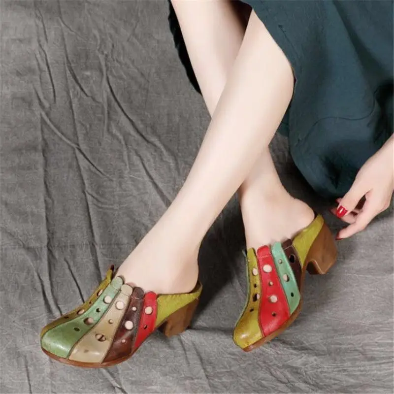 

Square heel Slippers Women Summer Shoes PU Pantofle On A Wedge Low Cover Toe Slides Fretwork Heels Block 2022 Rome Ethnic Basic