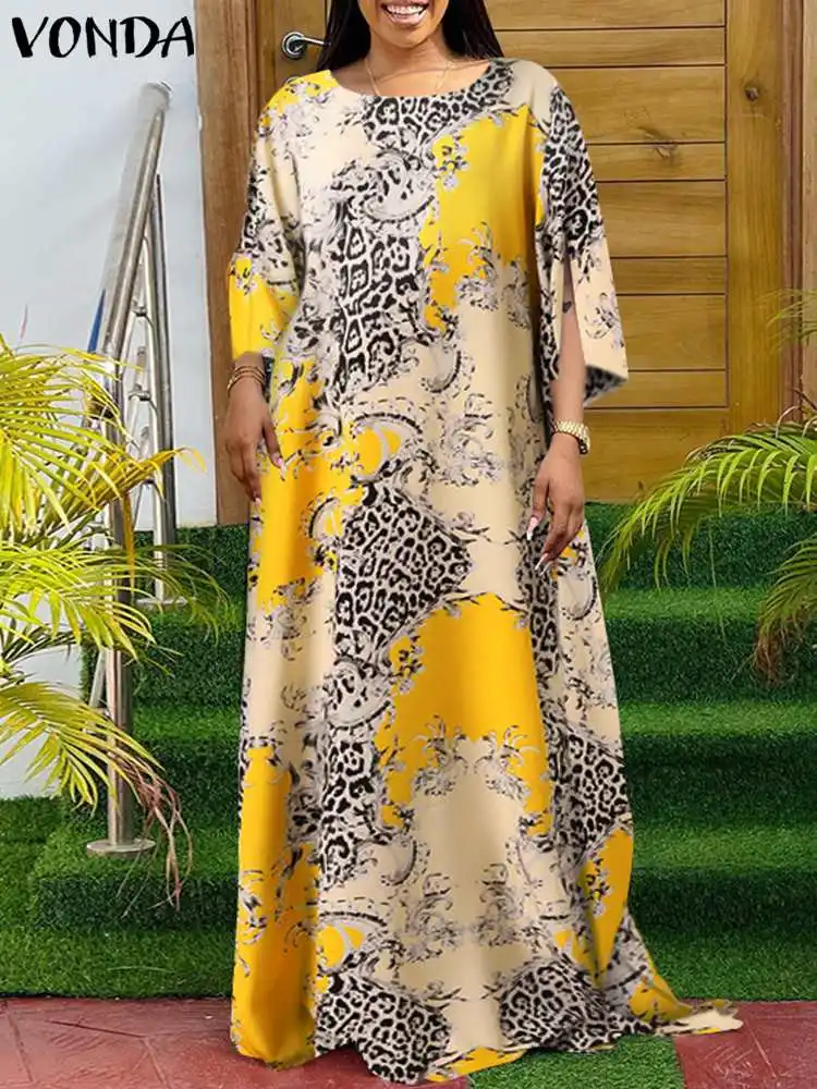 

VONDA Oversized 2022 Y2K Women Fashion Summer Loose Polyester Robe O-Neck Party Vestidos Female Printed Sundress Long Mxi Dress