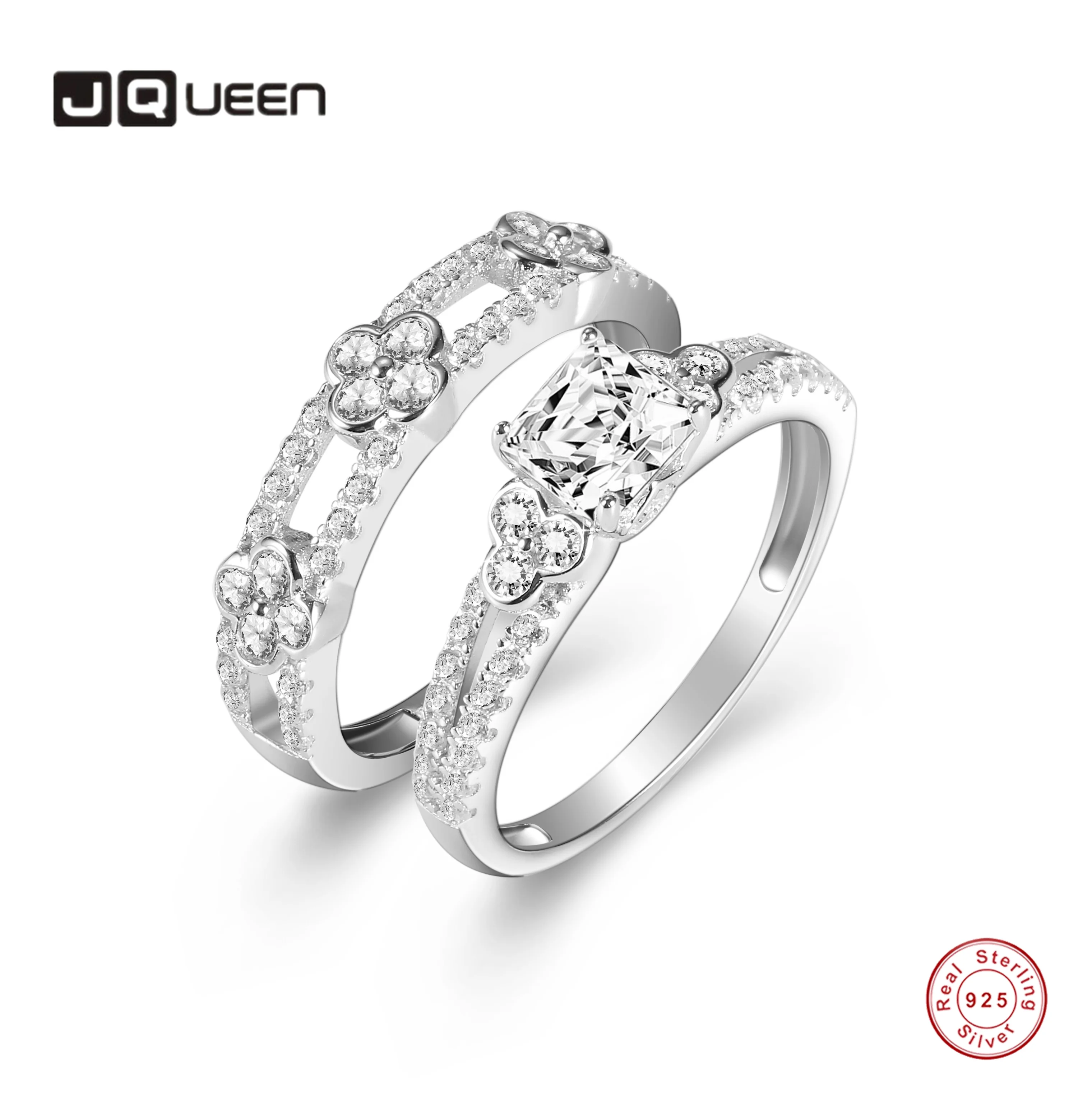 

JQUEEN Wedding Ring Pair Ring Set 5A Cubic Princess Zircon Four-leaf Clover Ring For Women 925 Silver Jewelry Crystal Rings