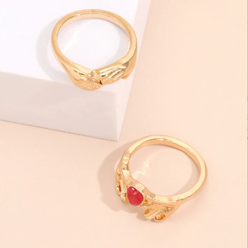 

Korean Sweet Cute Red Rhinestone Ring for Girls Simple Gold Couple Wedding Rings Sets Party Jewelry Gift