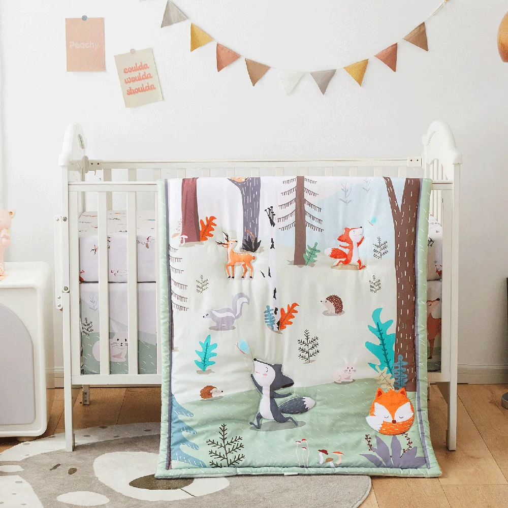 3pcs Microfiber Crib Bedding Set Forest And Animal Designs For Boys and Girls Baby Quilt Includes Quilt Crib Sheet, Crib Skirt