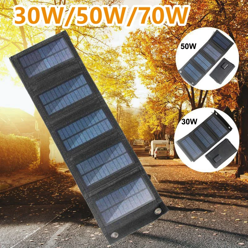 80W/70W/50W/30W Foldable Solar Panel USB 5V Solar Charger Waterproof Solar Cell Portable Outdoor Mobile Power for Camping Hiking