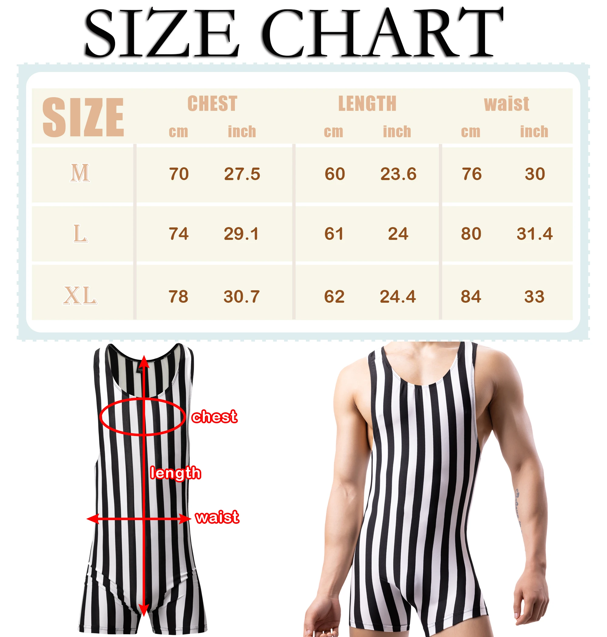 FYXLJJ Sexy Mens Undershirts Leotard Sports Fitness Bodysuits Black and White Vertical Striped Jumpsuit Homme Underwear Skinsuit