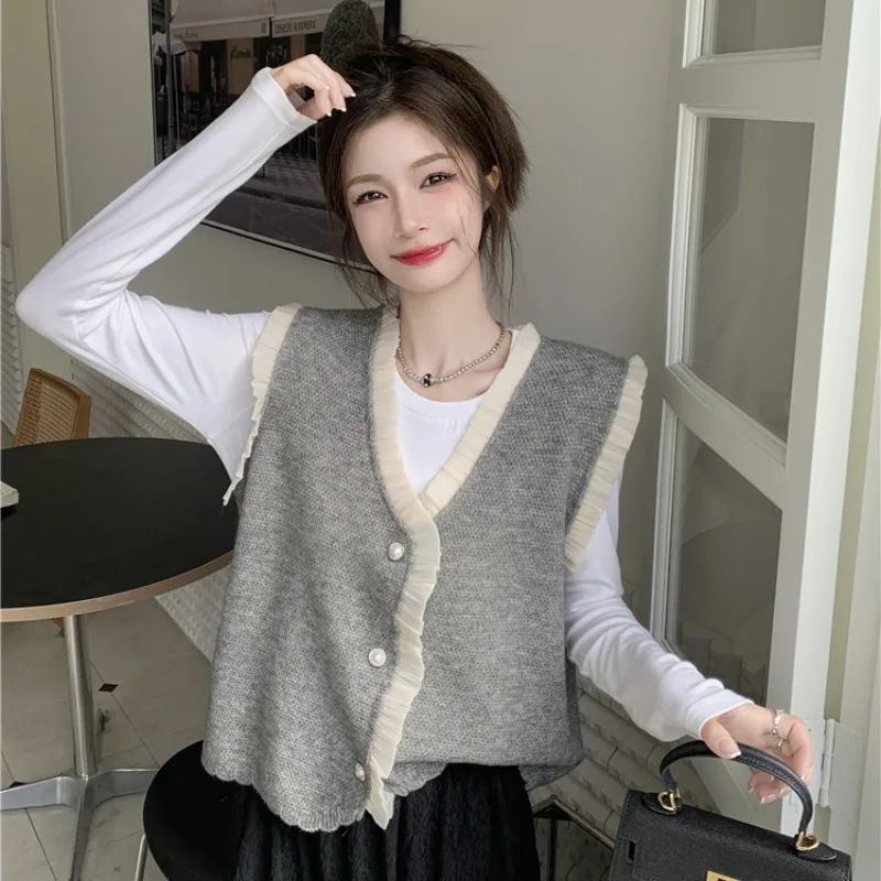 Женский осенне-зимний корейский свободный модный кружевной лоскутный трикотаж с